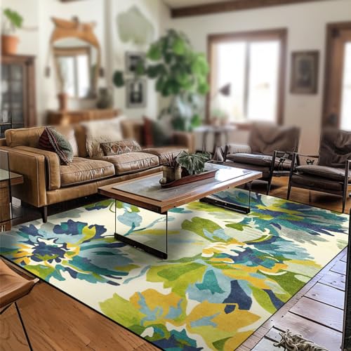 Tapis carré moderne bleu vert jaune fleurs aquarelle salon 140x140