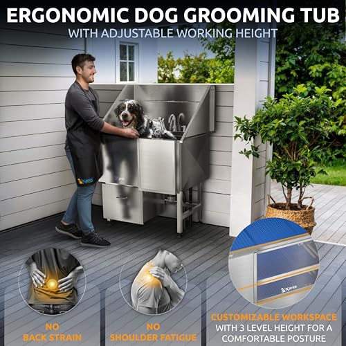 Image of KANIS Professional Dog Washing Station 304 Stainless Steel Pet Wash Sink & Grooming Bathtub w /Shower, Floor Grates and Storage for Large, Medium & Small Pets (Silver, 40 Inches, Right Ramp, 1 Drawer)