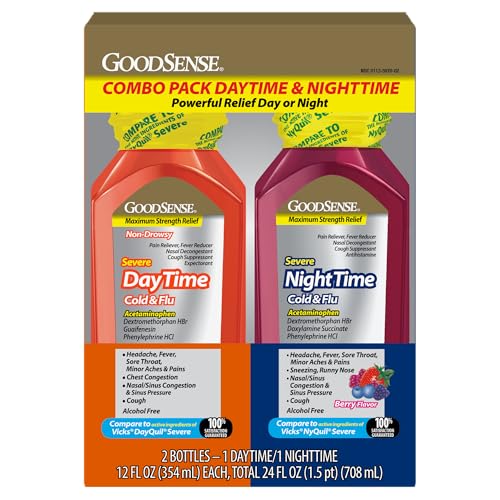 GoodSense Daytime and Nighttime Max Strength Severe Cold and Flu Relief Combination Pack; Cold and Flu Medicine for Day and Night 12 Fl Oz Each