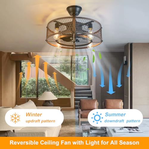Depuley Outdoor Ceiling Fan with Light: 20" Caged Ceiling Fans with Remote Control for Patio Kitchen Bedroom - Farmhouse Fandelier Flush Mount Lights Fixture Reversible 6 Speed Timer Walnut by Depuley - Used condition - Image 4