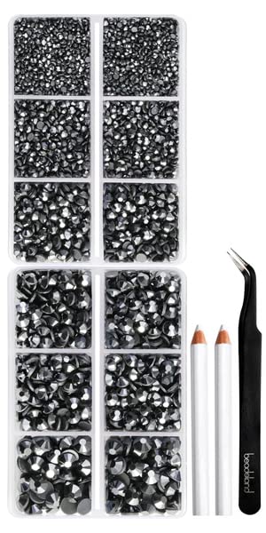 Image of 6736pcs Hotfix Rhinestones Flatback,Jet Hematite Rhinestones for Crafts Clothes Mixed 5 Sizes, Hotfix Crystals with Tweezers and Wax Pencil Kit, SS6-SS30, Jet Hematite