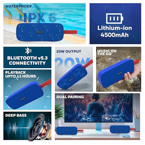 Image of Honeywell Trueno U300 Bluetooth 5.3 Wireless Portable Speaker, 20W Output, Dual 78mm Drivers, Deep Bass, 13H Playtime, IPX6, TWS Pairing, SD /USB Type-C /AUX Support, Built-in Mic, 2-Year Warranty-Blue