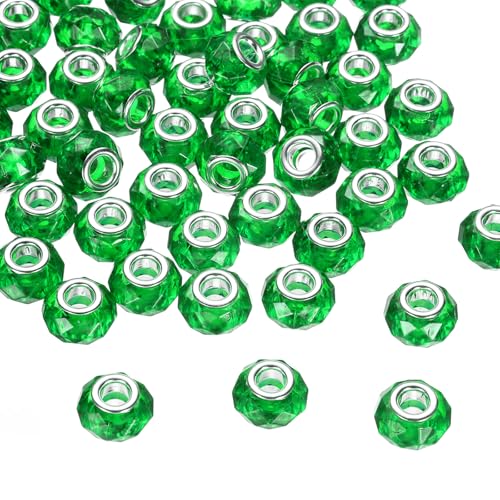 Generic 50Pcs 14mm Large Hole Glass Beads Green European Loose Round Faceted Rhinestone Craft Bead for DIY Bracelet Necklace Jewelry Making