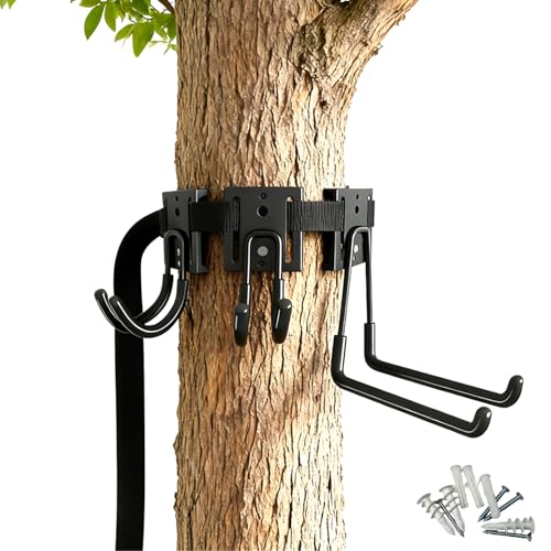 Tree Stand Bow Hangers for Hunting, Tree Stand Accessories Bow Holder Hooks for Saddle Hunting Camping Hiking, with Strap Gear 2 Metal Hooks and 1 Bow Hanger
