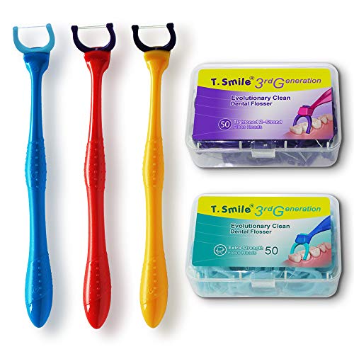 T.Smile Evolutionary Clean Dental Flossers, 50 cabezales de recambio de 2 hilos apretados + 50 cabezales extra resistentes + 3 asas largas