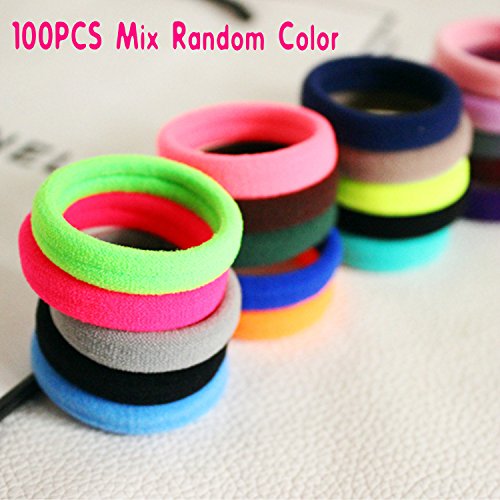 PREFER BEAUTY - 100PCS Seamless Bright Hair Ties, 8MM No-Damage Cotton stretch Hair Bands Rope Ponytail Holders Scrunchie for Girls & Ladies Mix Random Color