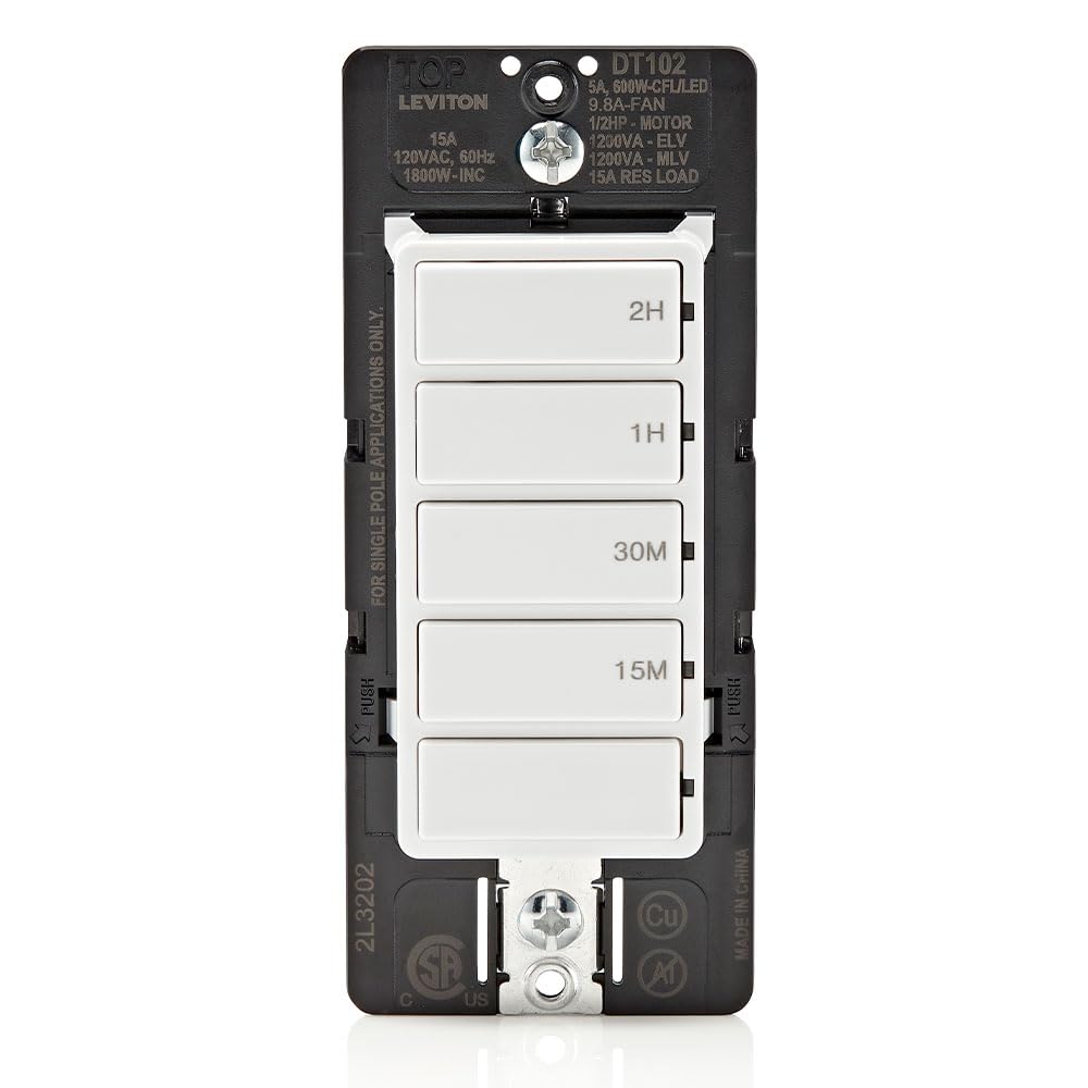 Photo 1 of Leviton DT102-1LW Countdown Timer Switch for household lights and exhaust, 15-30 min, 1-2 hour, No Neutral Wire Required, Single Pole, 15A, 1/2HP/9.8A Fan/Motor, White, 15-Amp 15 Amp 15-30 min, 1-2 hour