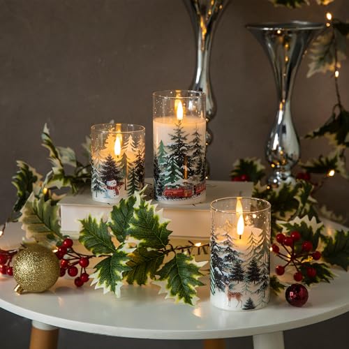 Image of LUSHARBOR LUSHABOR Christmas Flameless Candles, 3 Pack Battery Operated Candles for Christmas Mantel Decor, Glass LED Flickering Candles Home Xmas Party Holiday D3 H4 5 inch 6 inch, Trees