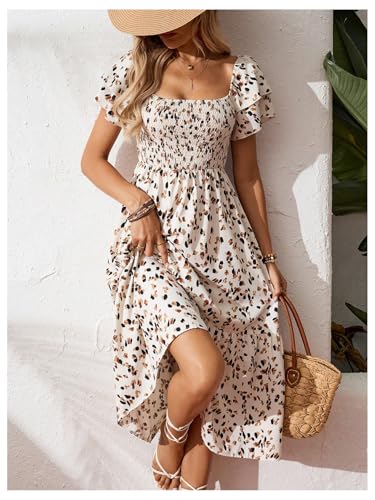 Image of Floerns Women's Boho Midi Dress Layered Sleeve Beach Vacation Tiered Smocked Dresses