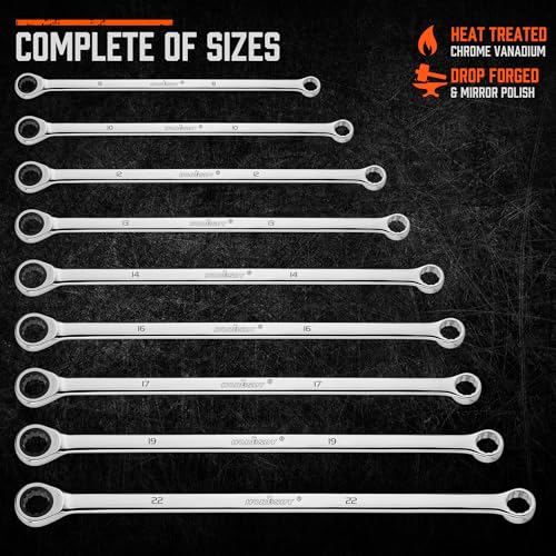 Image of HORUSDY 9-Piece Extra Long Ratcheting Wrench Set, Double Box End Wrench Set with Tool Bag & Box, Metric 8-22mm, CR-V Steel