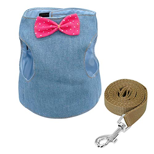 Dog Cat Harness and Leash Set Kitten Jeans Bowtie Vest Harnesses and Walking Leashes Set for Small Medium Large Cats Kitten Blue M