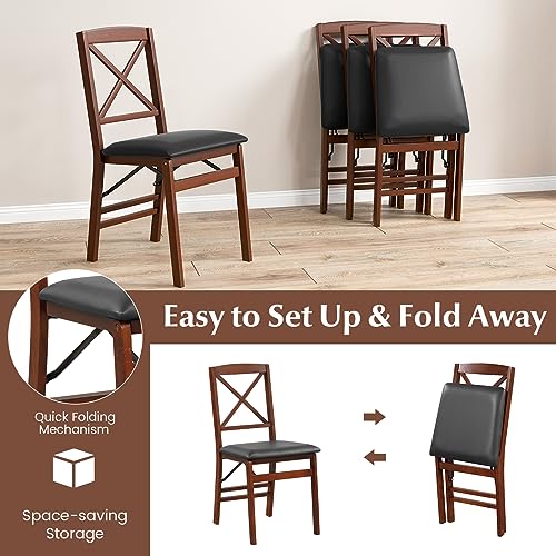 Image of COSTWAY Folding Dining Chairs Set of 2, Upholstered Wooden Dining Room Chairs with X-Shaped Back, 400LBS Capacity and Solid Wood Frame for Kitchen Apartment (Brown & Black)