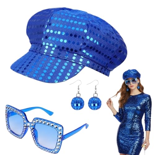 EYWILYWI 3Pcs 70s Disco Costume Set Sequin Glitter Hat, Bling Sunglasses & Earrings,Retro Abba Accessories for Women,Perfect for Theme Parties, Birthday Dances & Disco Fancy Dress (blue)