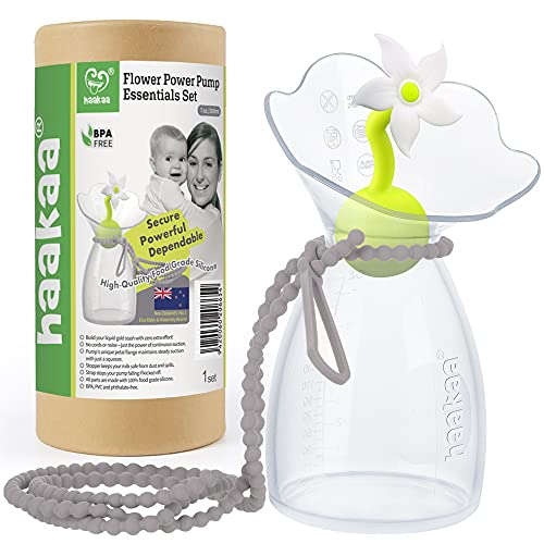 Image of haakaa Manual Breast Pump Petal Silicone Breast Pump with Flower Stopper & Silicone Strap Breastfeeding Essentials Set (7oz/200ml, New Version)