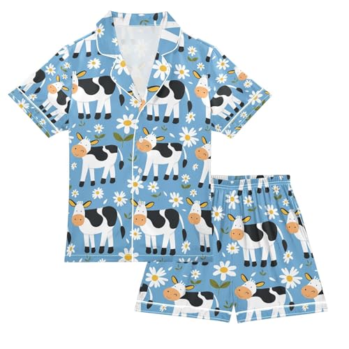 senya Cow with Flower A Satin Summer Pajama Sets Silk Short Sleeve Button Down Sleepwear