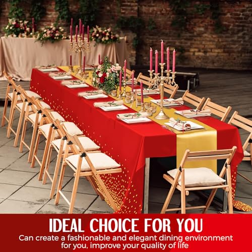 Image of Breling 24 Pack Red and Gold Disposable Plastic Tablecloths and Satin Table Runner Set, 54 x 108 Inch Tablecloth, 12 x 108 Inch Table Runners for Wedding Graduation Birthday Baby Shower New Year
