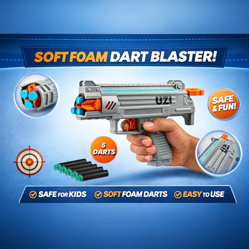 Image of Toy Gun for Boys 7-14 Years Soft Foam Dart Blaster with 5 Suction Darts, Auto Rotate Uzi Style Blaster Gun, Manual Air Gun Pistol for Kids, Target Shooting Toy for Indoor Outdoor Play
