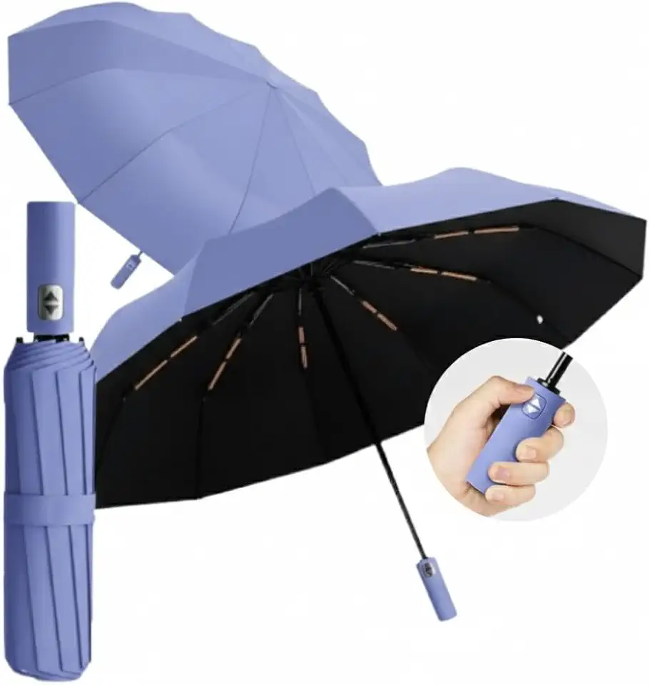Guarda Chuva com Botão Automático Reforçado – Compacto, Resistente ao Vento, Proteção Solar UV, Blackout, Dobrável - Guarda Chuva Portátil para Bolsa/Mochila - Shop100