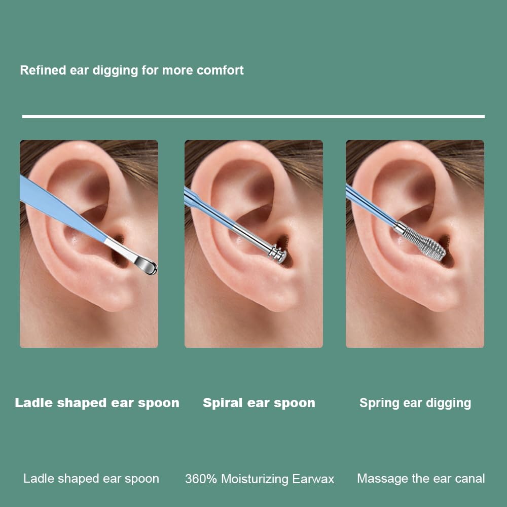 Nettoyeur D'oreille, 6 Pcs Kit Ear Wax Cleaner, Dissolvant pour Cérumen, Nettoyage D'oreille en Acier Inoxydable, Cuillère à Oreille en Acier Inoxydable, Nettoyeur D'oreilles Portable