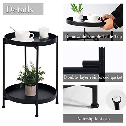Tray Metal End Table Side Table Round Tray Removable Tray Outdoor & Indoor Drink Snack Coffee Table Telephone Table (Ancient Pine) #TOP2
