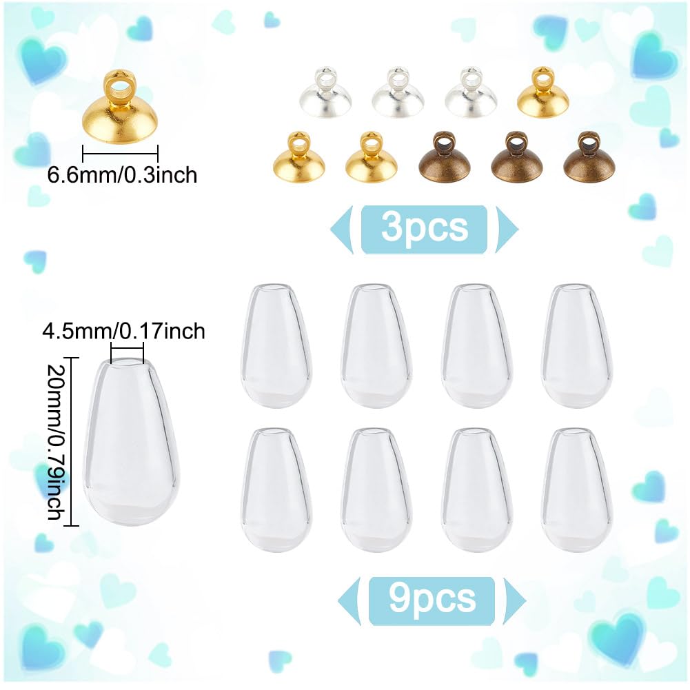 DELORIGIN 9Pcs 20mm Tear Drop Empty Glass Locket Beads Clear Hollow Vial Pendant Charm Mini Wish Glass Bottle Waterdrop Bead Charm With 9 Styles Alloy Cap for Earring Necklace Jewelry Making - Image 2