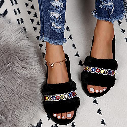 Hbeylia Fuzzy Slippers For Women Boho Ethnic Fluffy Furry Plush Fur Open Toe Slip On Flats House Slippers Bohemian Non Slip Beach Home Slides Dress Sliders For Ladies Indoor Outdoor Winter Fall2