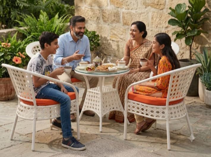 Image of India 4+1 Outdoor Indoor Patio Furniture Sets Rattan Chair Patio Set Conversation Set Bistro Set Chairs Balcony Rooftop Garden Furniture Chair with Cushion (White & Orange), 78 x 46 x 46 Cm