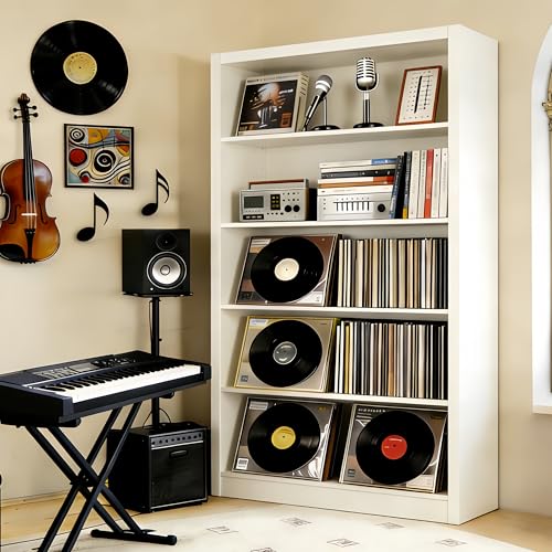 Image of Large Vinyl Record Storage Cabinet, Heavy-Duty Metal Record Player Stand with Adjustable Shelves, 66 inch H Media Shelf Organizer for LP Albums, Turntable & Audio Equipment, White
