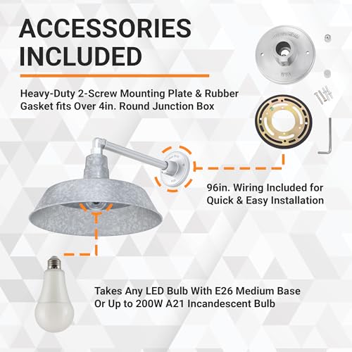 Image of 14in. Galvanized Outdoor Gooseneck Barn Light Fixture with 13in. Long Extension Arm - Wall Sconce Farmhouse, Vintage, Antique Style - UL Listed - 9W 900lm A19 LED Bulb (5000K Cool White)