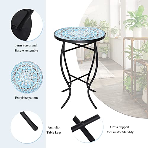 Vcuteka Mosaic Side Table And Plant Stand - 21" Round End Table With 14" Ceramic Tile Top, Indoor Patio Accent Table For Yard, Garden, Living Room, Bistro Balcony Or Lawn Blue #TOP4