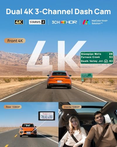 Image of 70mai 4K T800 3 Channel Dash Cam, Dash Cam Front and Rear Inside(2160P+1080P+1080P), STARVIS 2 IMX678 & IMX662, HDR Night Vision, WiFi 6, ADAS, Super-Capacitor, 24H Parking Mode, Upto 512GB Supported