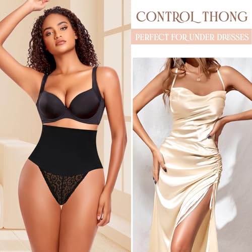 Image of Werena Thong Shapewear for Women Tummy Control Seamless High Waist Body Shaper Underwear Shaping Panties(#344 Smooth Lace Black, X-Large)
