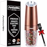 AmuseWit Electric Gravity Pepper Mill or Salt Grinder Mill [White Light] - Battery Operated Automatic Pepper Grinder with Light, Adjustable Coarseness, One Handed Operation, Cleaning Brush, Copper