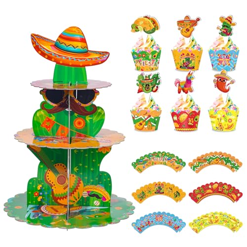 Liobelon 3 Tier Mexican Fiesta Cupcake Stand with 24 Pcs Cupcake Wrappers, Cinco de Mayo Party Decorations for Taco Tuesday, Birthday, Fiesta Events