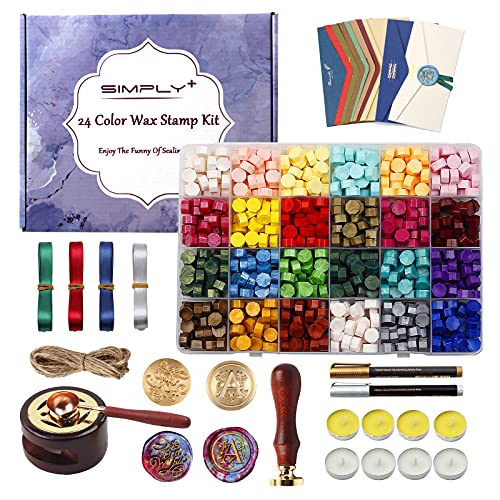 Wax Seal Kit, Simply + 654pcs Sealing Wax Kit with Wax Seal Beads, Wax Seal Warmer, Wax Spoon, Wax Seal Stamp, Wax Stamp,Wax Silk Ribbon Envelopes and Tealight Candles for Letter Sealing