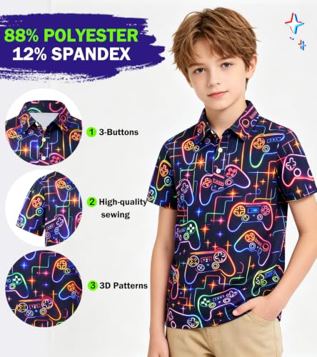 Cozople Boys Gamer Polo Shirt, Neon Controller Print - image 4