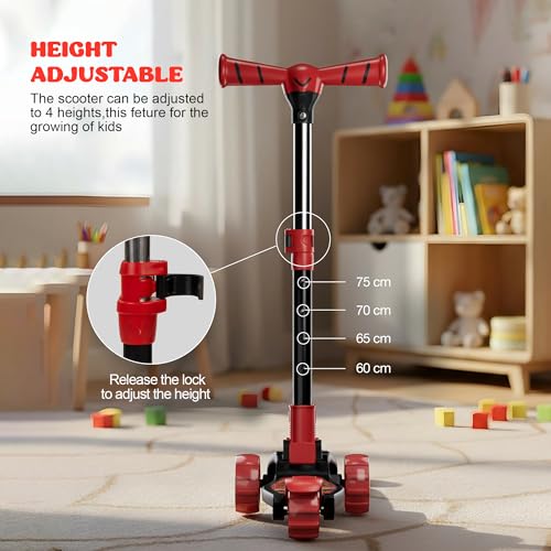 Image of Baybee Kitty Kick Scooter for Kids | Foldable 3 Wheel Kid Scooter with 4 Height Adjustable Handle & Brake | Skate Scooters with LED PU Wheels | Runner Scooters for Kids 3 to 10 Years Boys Girls (Red)