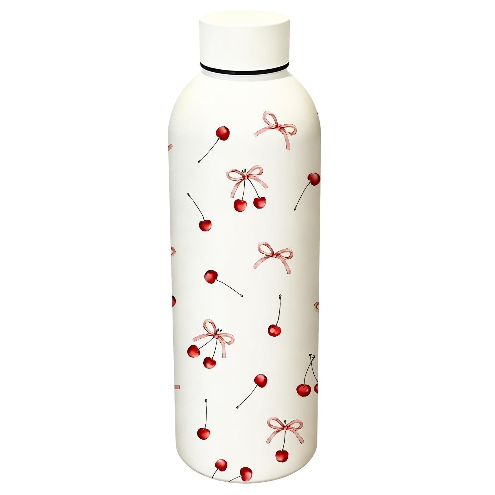 Cute Insulated Water Bottle, Bow Cherry Stainless Steel Water Bottles, 500ml Metal Drinks Bottles for Adults, Aesthetic Small Mouth Bottle for Women Girls Travel Gym
