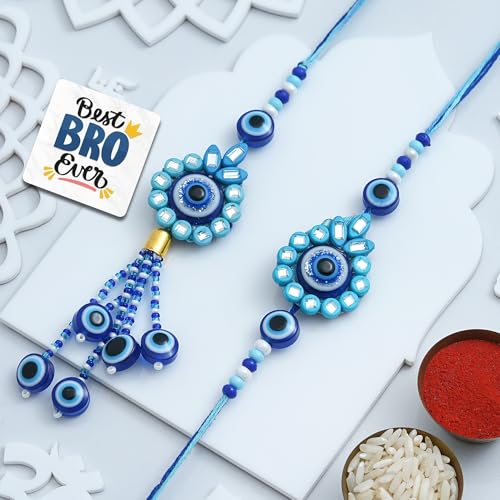 Image of eCraftIndia Evil Eye Designer Bhaiya Bhabhi Rakhis with Best Bro Ever Fridge Magnet | Set of 2 Rakhi for Brother and Bhabhi | Lumba Rakhi | Roli Chawal Pack
