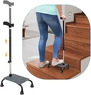 Stair Climbing Cane Half Step Stair Walker Aid Devices Stairway Lift for Elderly Seniors Assist Helper Adjustable 4 Pronged Quad Base Balance Stability Walking Sticks