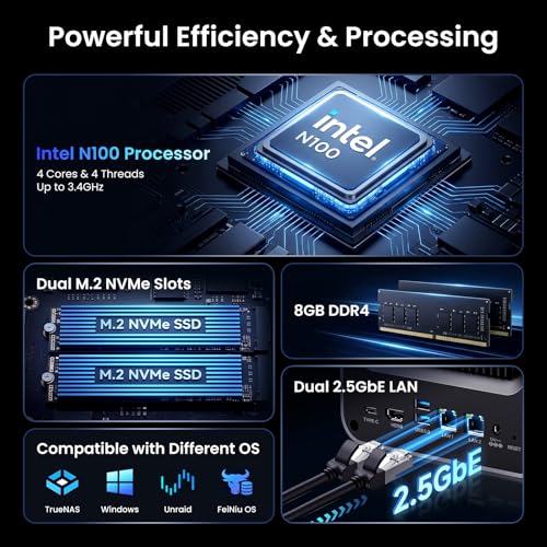 Image of Yxk Zero1 Pro 4-Bay Desktop NAS, Intel N100 Quad-Core CPU, Enthusiasts Home & Office NAS Storage for Different OS, 8GB RAM, 2 * M.2 NVMe Slots, 2 * 2.5GbE, 4K HDMI, Network Attached Storage (Diskless)
