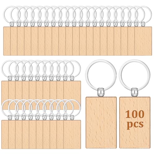 IMengjbang 100Pcs Wood Keychain Blank Unfinished Laser Engraving Blanks with Key Rings Key Tag Rectangular Keychain Ring Tag Wooden Sign Bulk for DIY Crafts Gift Pet Tags