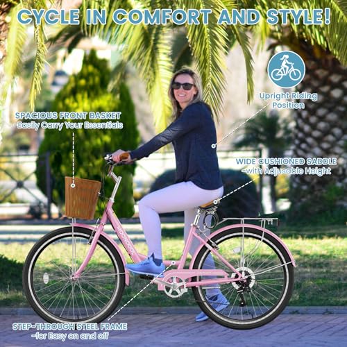 Women's 7-Speed Basket Bike, Lightweight City Cruiser for Commuters