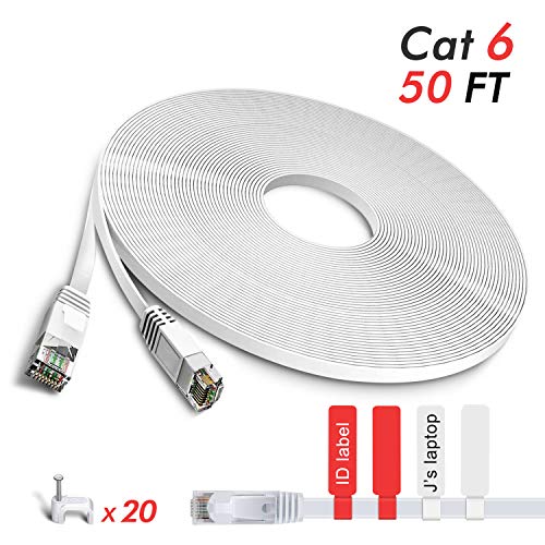 TBMax Cat6 Ethernet Cable Flat 50ft - Cat 6 Network Cable with Clips/RJ45 Connectors, LAN Cable for Computer/Router, Faster Than Cat5e/Cat5 -White