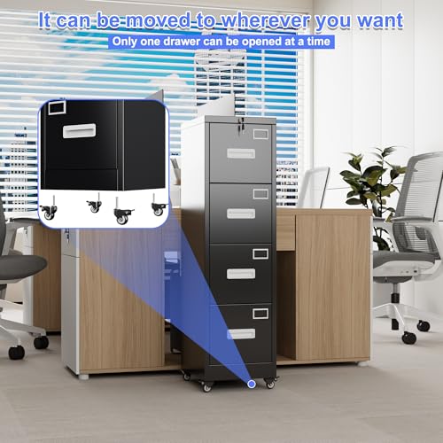 Image of Aobabo 4 Drawer Metal File Cabinet with Lock and Wheels,Black | 15.7 inchD x 17.7 inchW x 53.2 inchH metal filing cabinet for letter /legal files and small office storage.