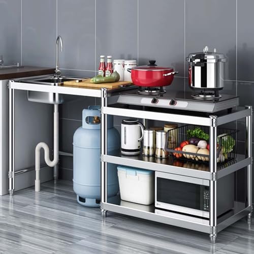 Évier de cuisine commercial inox autoportant avec égouttoir et double étagère de rangement