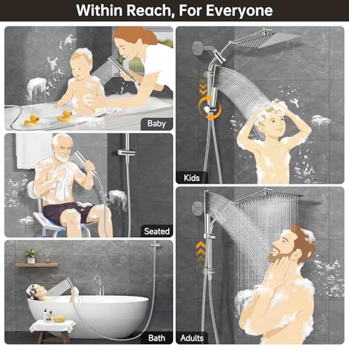 Image of Veken All Metal 12 inch Large Shower Head with Handheld, Full Body Coverage, Luxurious Square Double Rain Shower Heads, Power Wash Wand, Dual Big Detachable Rainfall Showerhead with Spray Combo,Chrome
