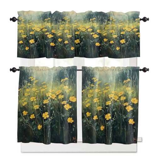 Yellow Spring Floral Kitchen Curtains 36 Inch Length,3 Piece Rod Pocket Small Half Tiers and Valance Set,Modern Oil Painting Summer Botanical Small Large Window Treatment Decor for Bedroom/Bathroom