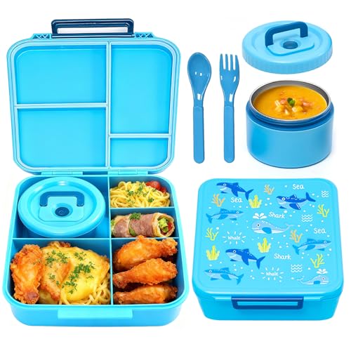 Lunch Box for Kids Children Bento Lunch Box with 4 Compartments for School Leak-Proof Kids Lunchbox with Thermo Soup Bowl for Girls and Boys Microwave| Dishwasher| Freezer Safe & Bpa-Fre (Blue)