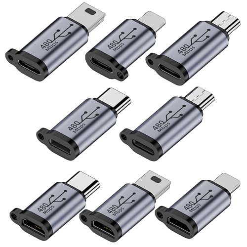 RULGOI Adaptador USB C a Micro, Lightning y Mini USB, [8 Pack] Hembra a Macho para iPhone, Navegación, Cámara de Acción, Teléfono Inteligente